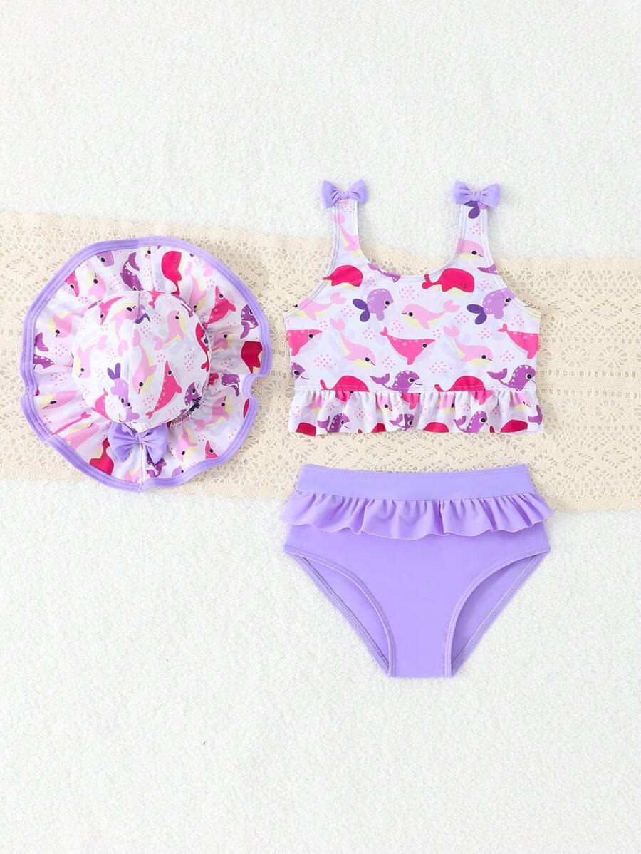 Vacation Beachwear Set For Kids Girls With Printed Bikini And Cover Skirt