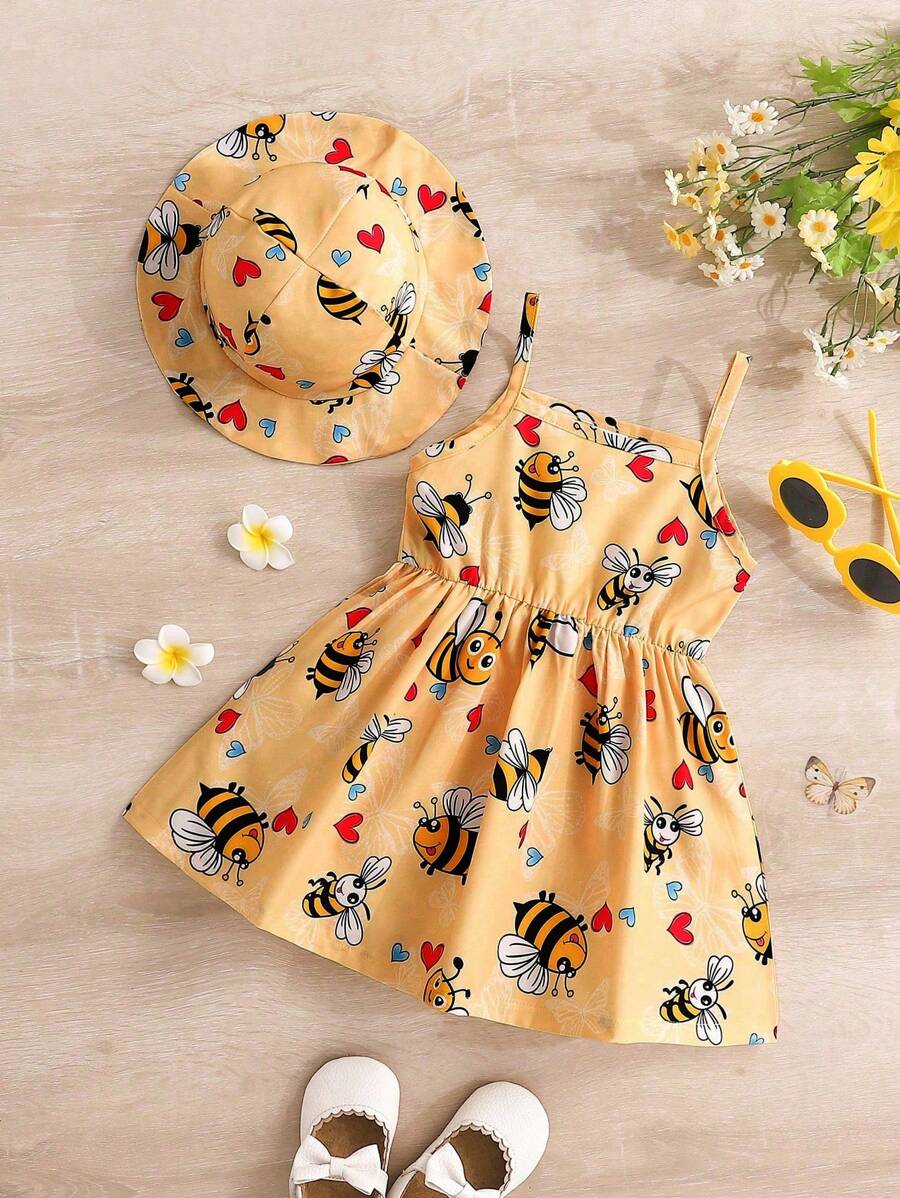 Toddler Girl 2pcs Casual Bee Print Sun Dress Set with Matching Bucket Hat - Comfortable Summer Clothes