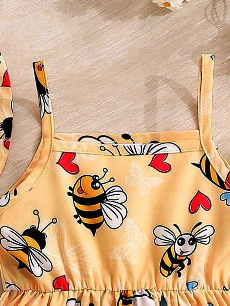 Toddler Girl 2pcs Casual Bee Print Sun Dress Set with Matching Bucket Hat - Comfortable Summer Clothes