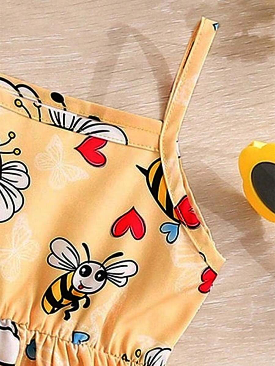 Toddler Girl 2pcs Casual Bee Print Sun Dress Set with Matching Bucket Hat - Comfortable Summer Clothes