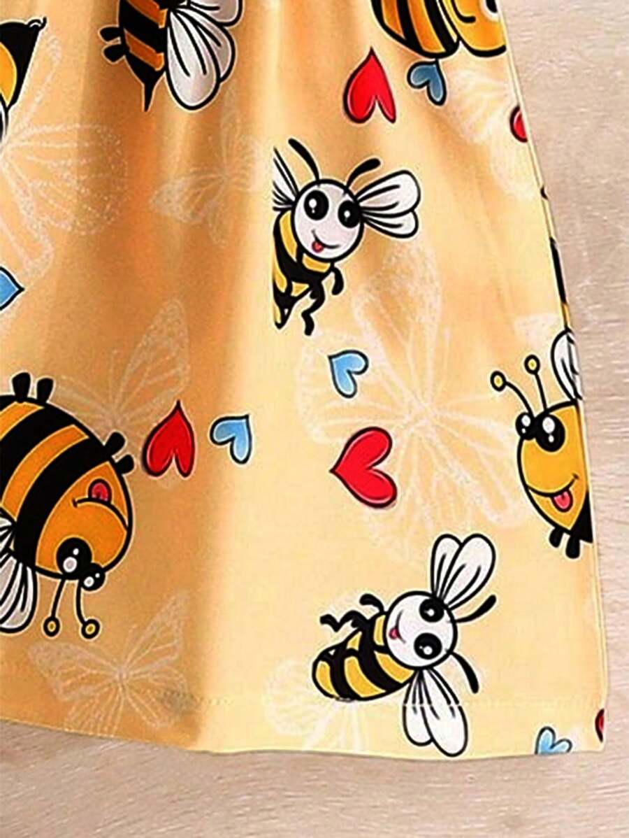 Toddler Girl 2pcs Casual Bee Print Sun Dress Set with Matching Bucket Hat - Comfortable Summer Clothes