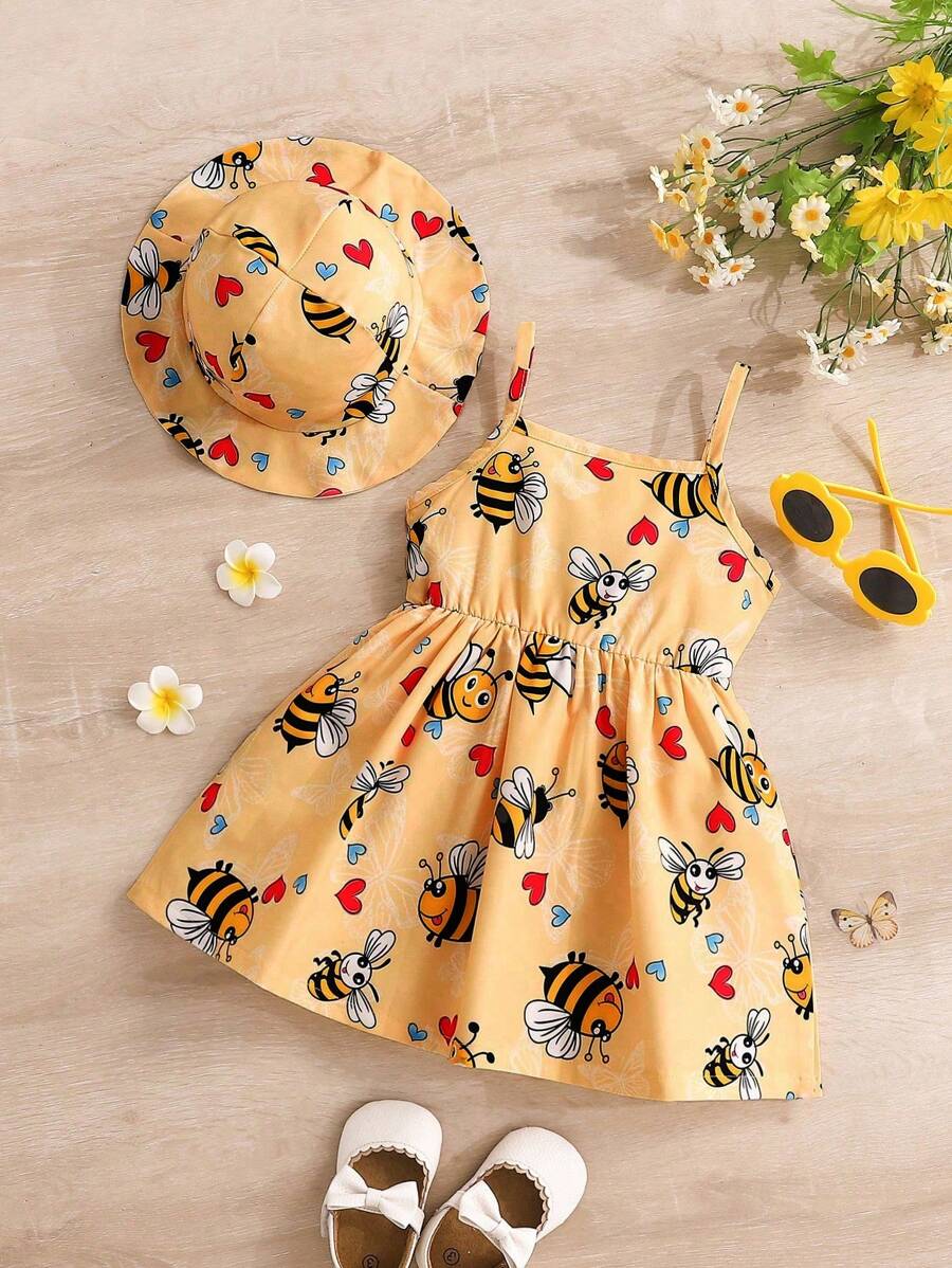 Toddler Girl 2pcs Casual Bee Print Sun Dress Set with Matching Bucket Hat - Comfortable Summer Clothes
