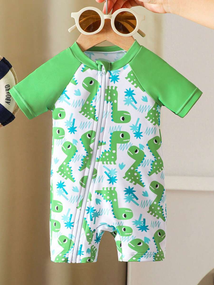 Baby Dinosaur Print Zipper One-Piece Swimsuit for Summer Beach and Pool Days