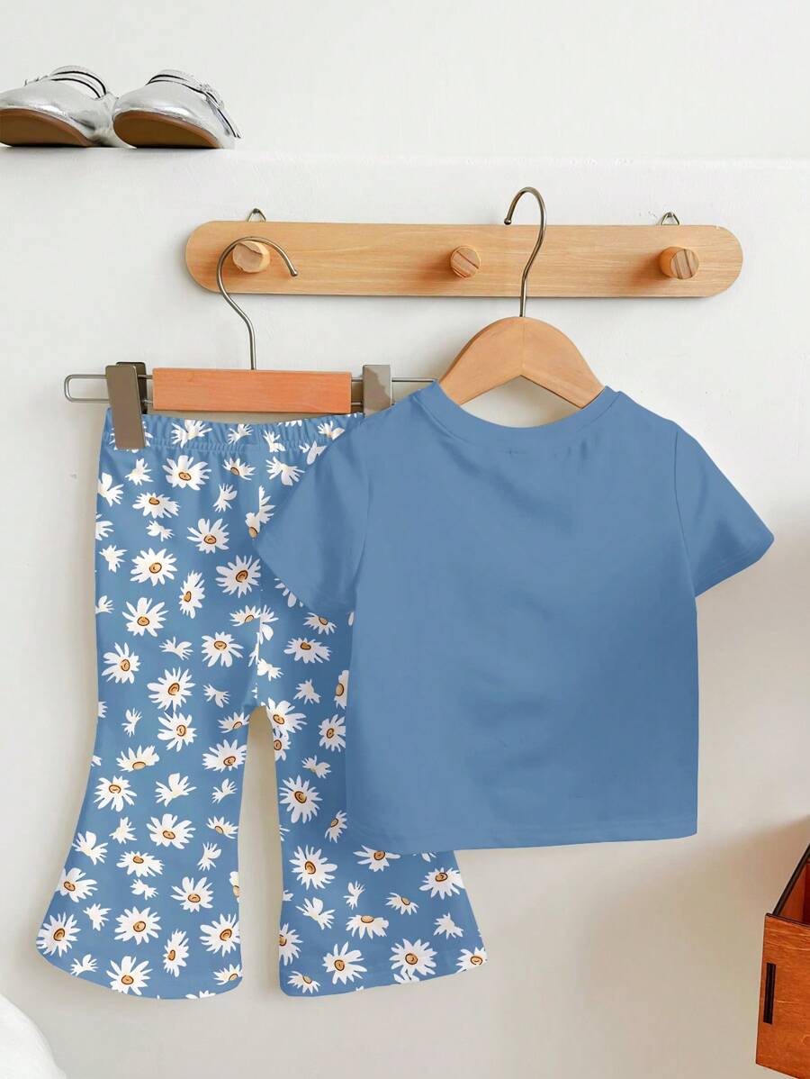 Soft Round Neck Short Sleeve Top and Flexible Flare Leg Trousers Casual Spring Summer Clothes Set for Girls