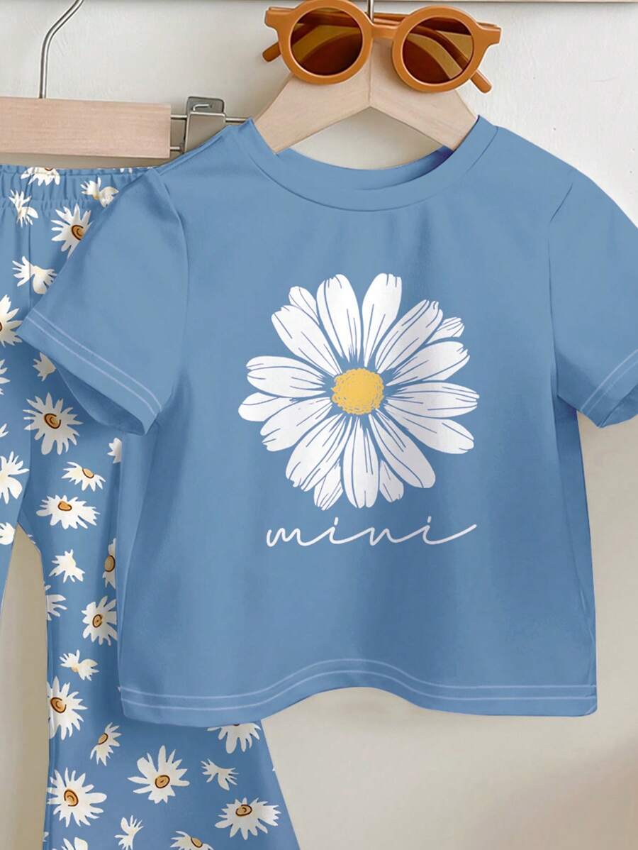 Soft Round Neck Short Sleeve Top and Flexible Flare Leg Trousers Casual Spring Summer Clothes Set for Girls