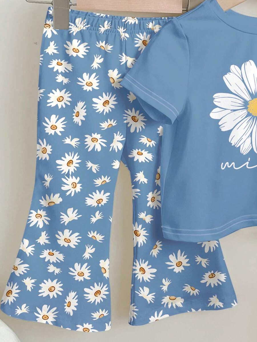 Soft Round Neck Short Sleeve Top and Flexible Flare Leg Trousers Casual Spring Summer Clothes Set for Girls