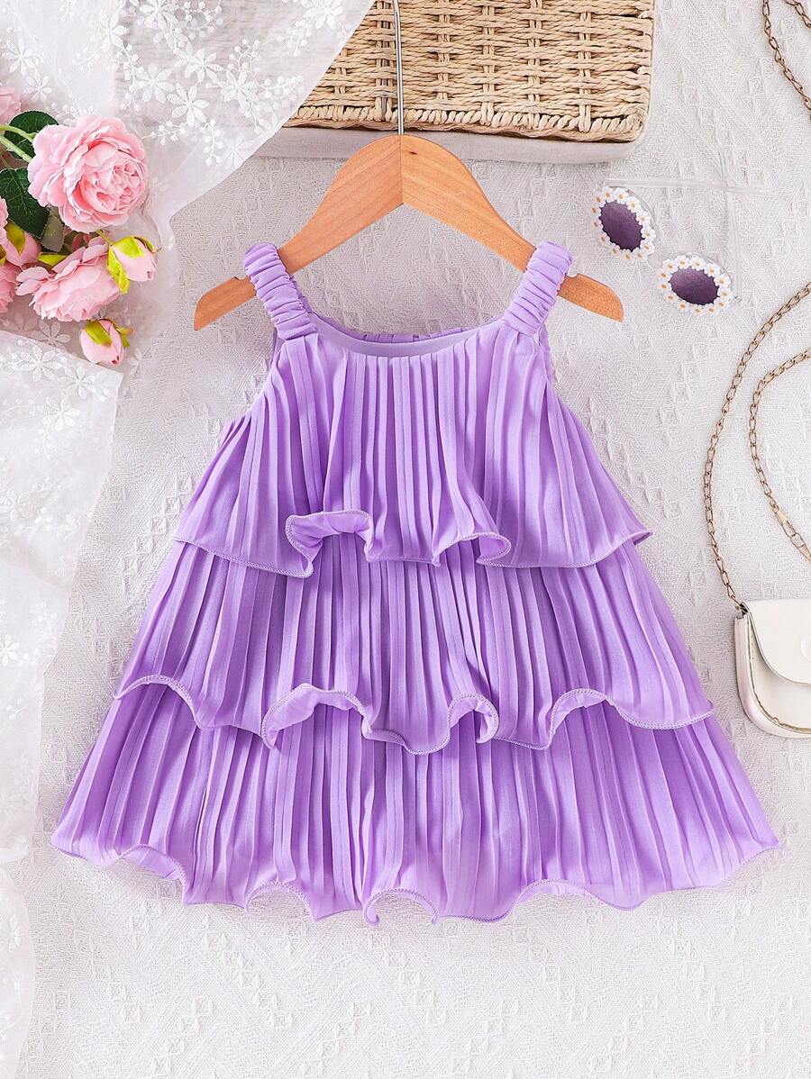 Summer Baby Girls Sleeveless Ruffle Cake Dress Solid Color Suspender Outfit