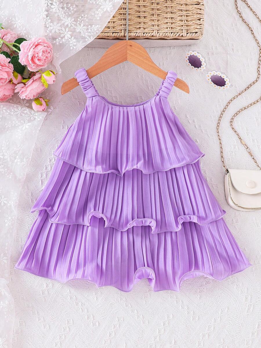 Summer Baby Girls Sleeveless Ruffle Cake Dress Solid Color Suspender Outfit