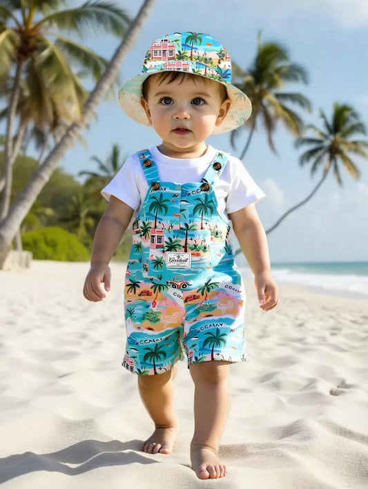 Baby Boy Tropical Beach Print Bib Overall Romper with Bucket Hat Summer Vacation Outfit Set