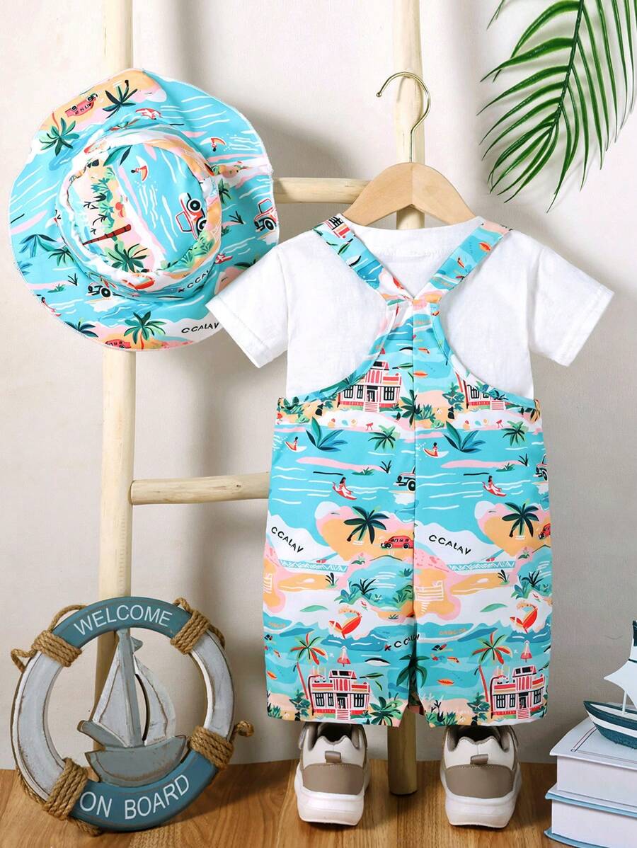 Baby Boy Tropical Beach Print Bib Overall Romper with Bucket Hat Summer Vacation Outfit Set