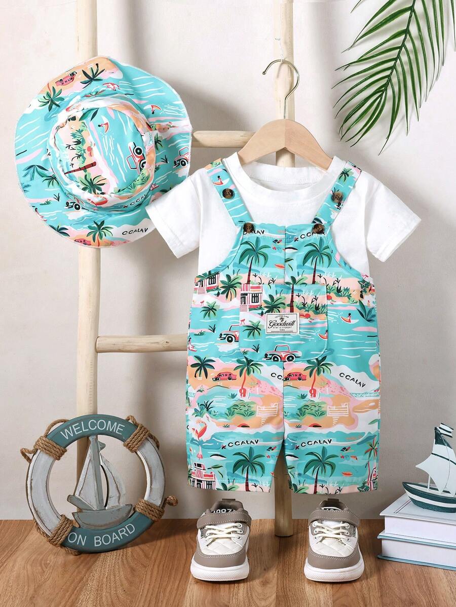 Baby Boy Tropical Beach Print Bib Overall Romper with Bucket Hat Summer Vacation Outfit Set