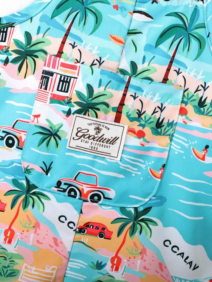 Baby Boy Tropical Beach Print Bib Overall Romper with Bucket Hat Summer Vacation Outfit Set