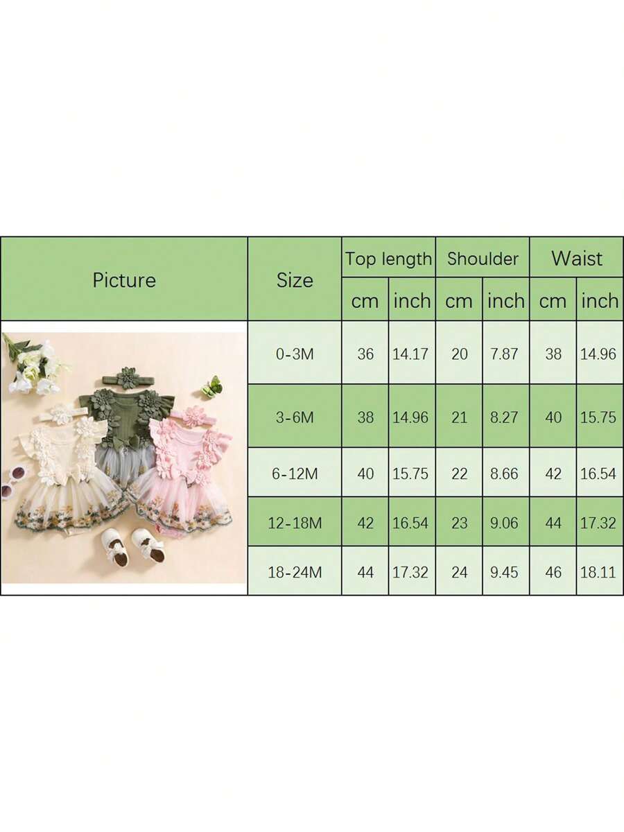 Mesh Tulle Flower Embroidered Dress Romper with Headband for Baby Girls
