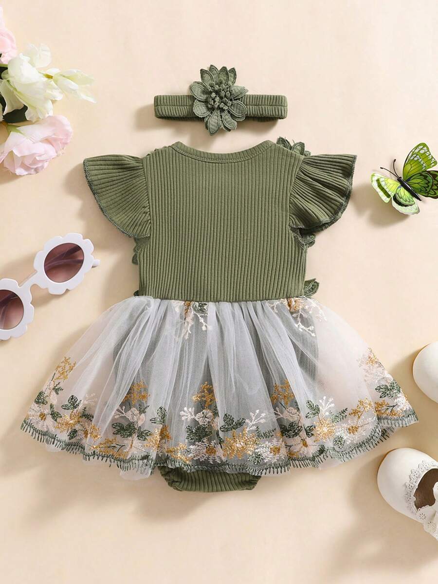 Mesh Tulle Flower Embroidered Dress Romper with Headband for Baby Girls
