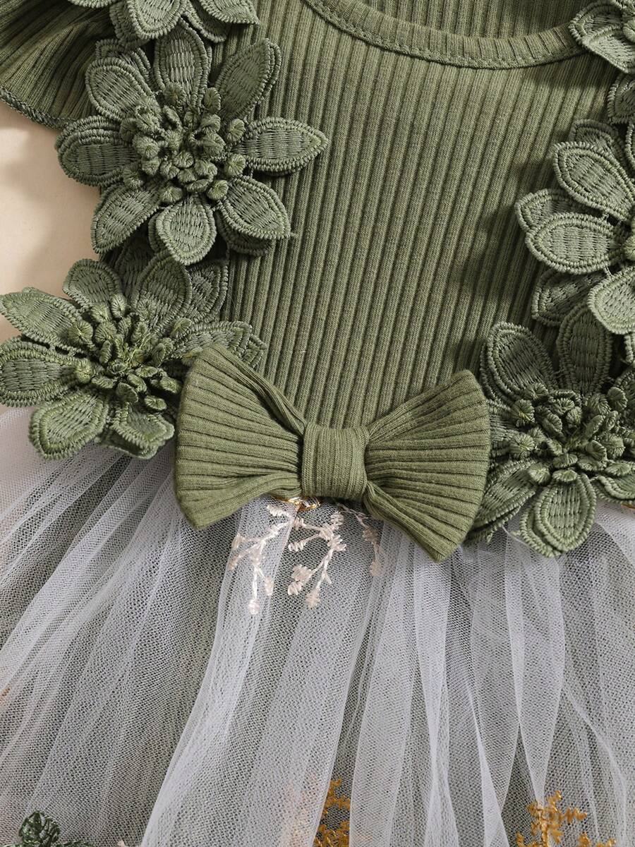 Mesh Tulle Flower Embroidered Dress Romper with Headband for Baby Girls