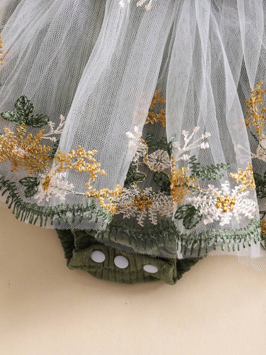 Mesh Tulle Flower Embroidered Dress Romper with Headband for Baby Girls