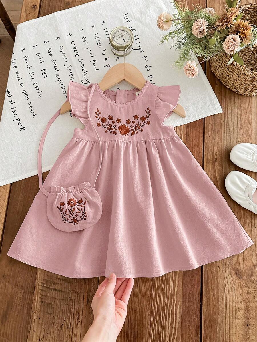 Infant Girl 2-Piece Embroidered Dress Set with Diagonal Shoulder Bag