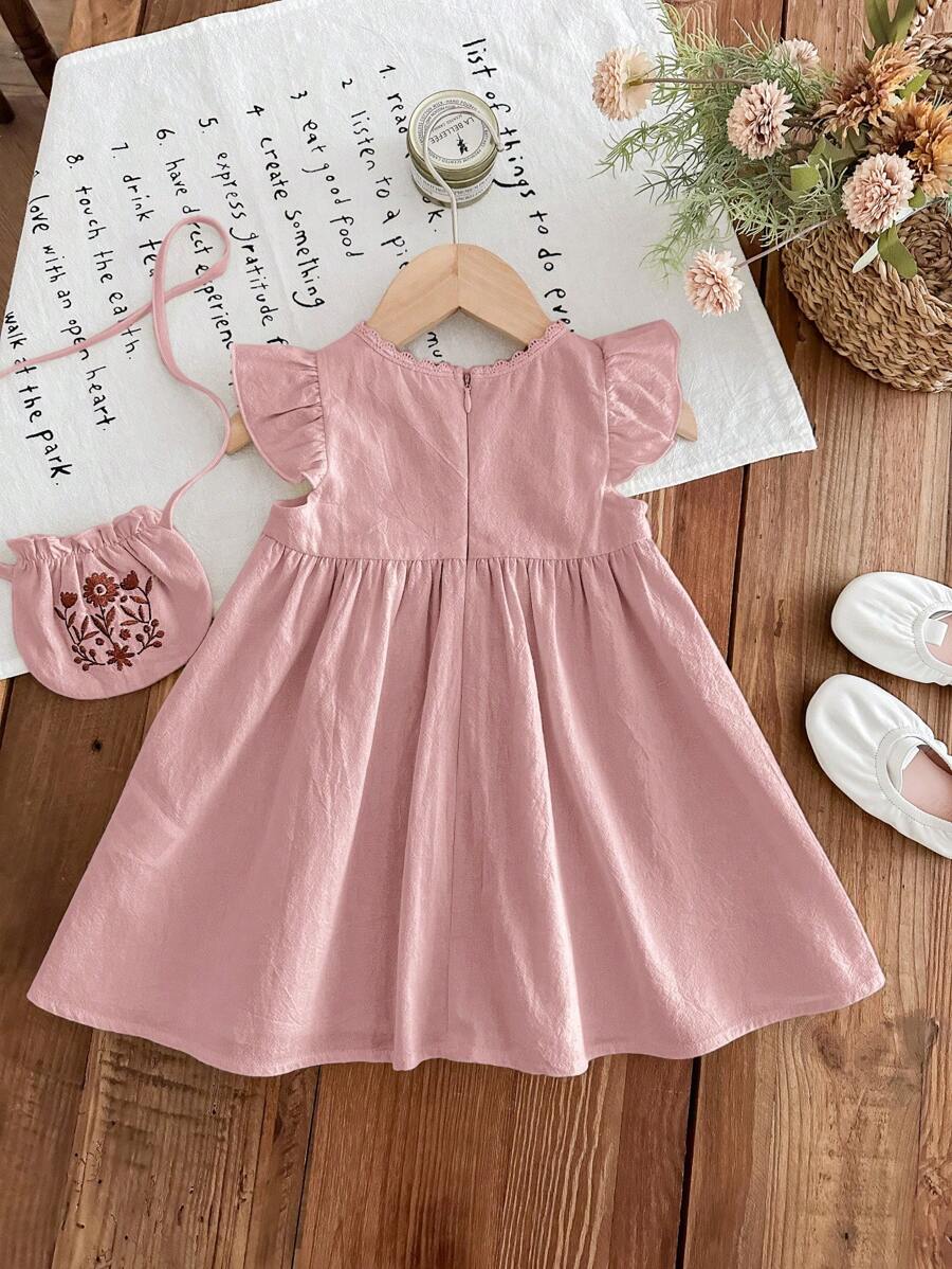 Infant Girl 2-Piece Embroidered Dress Set with Diagonal Shoulder Bag