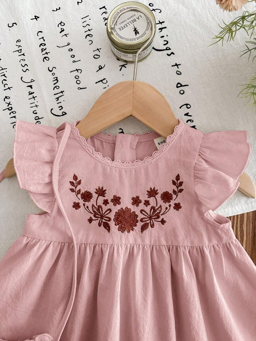 Infant Girl 2-Piece Embroidered Dress Set with Diagonal Shoulder Bag