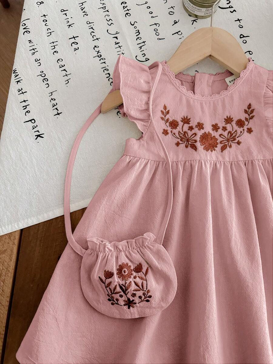 Infant Girl 2-Piece Embroidered Dress Set with Diagonal Shoulder Bag