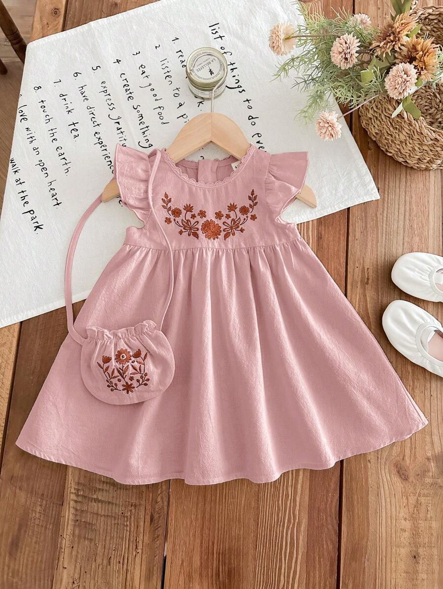 Infant Girl 2-Piece Embroidered Dress Set with Diagonal Shoulder Bag
