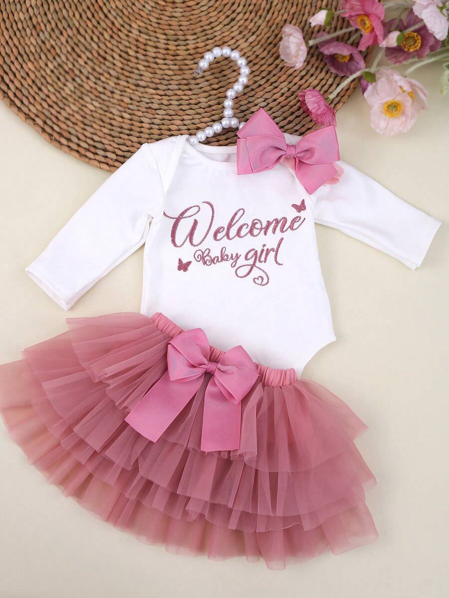 Baby Girl Romper with Tutu Skirt and Bow Headband for Photoshoots and Coming Home