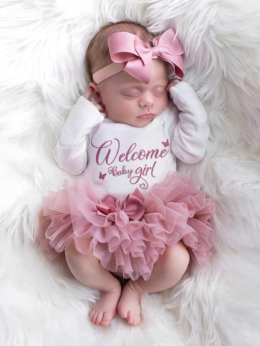 Baby Girl Romper with Tutu Skirt and Bow Headband for Photoshoots and Coming Home