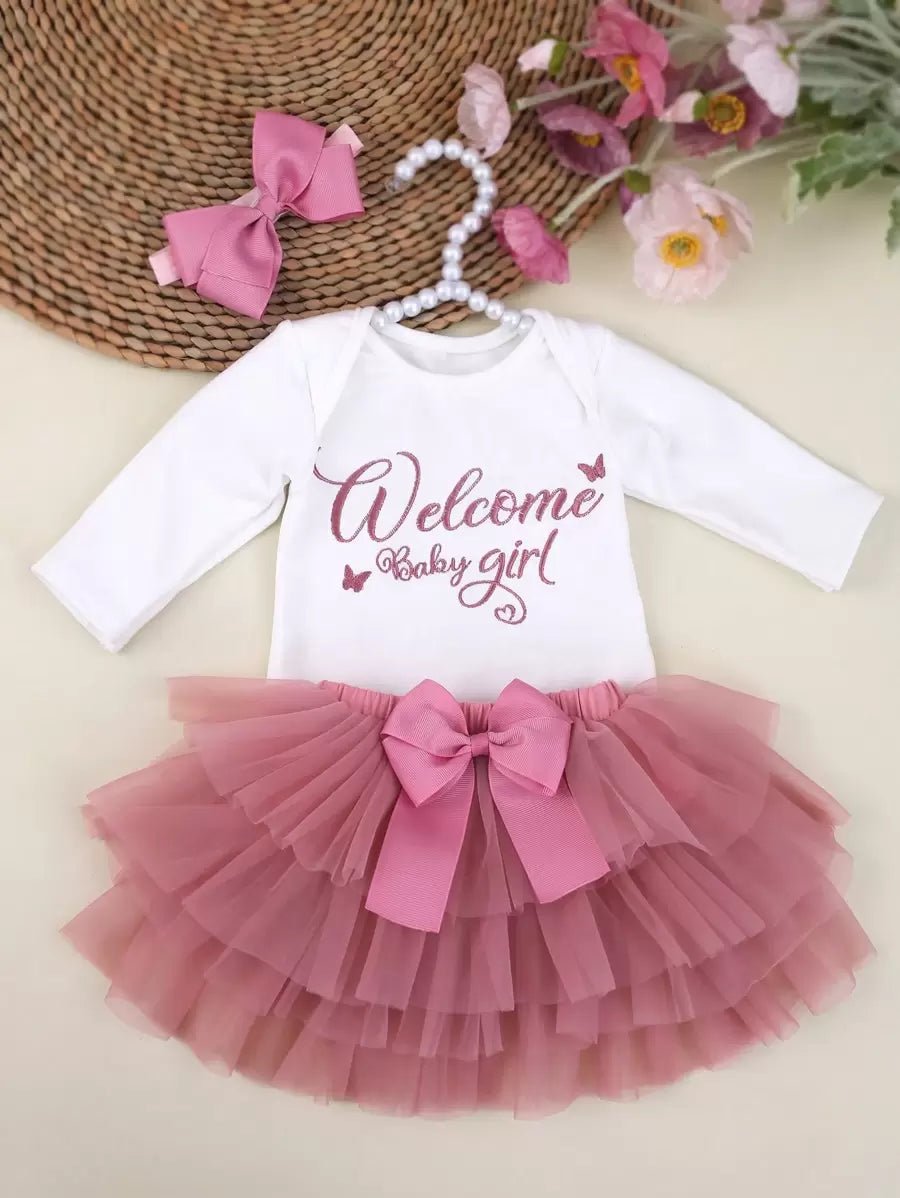 Baby Girl Romper with Tutu Skirt and Bow Headband for Photoshoots and Coming Home