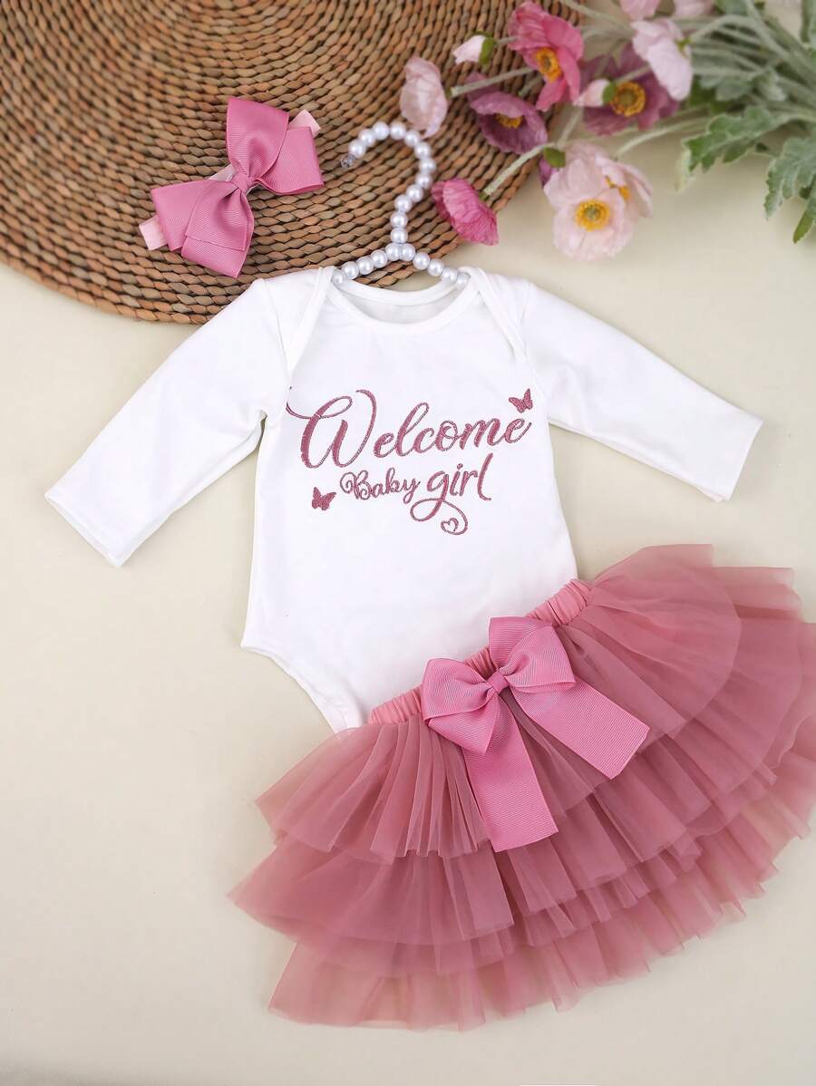 Baby Girl Romper with Tutu Skirt and Bow Headband for Photoshoots and Coming Home