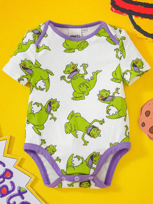 Baby Boy Cartoon Green Dinosaur Print Short Sleeve Bodysuit Casual Cute Summer Outfit