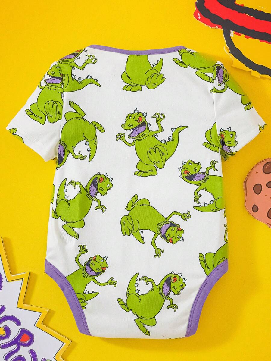 Baby Boy Cartoon Green Dinosaur Print Short Sleeve Bodysuit Casual Cute Summer Outfit