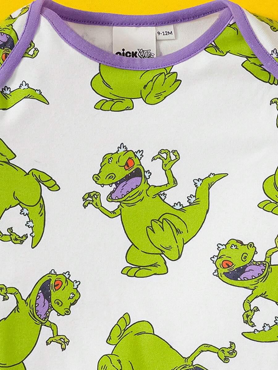 Baby Boy Cartoon Green Dinosaur Print Short Sleeve Bodysuit Casual Cute Summer Outfit