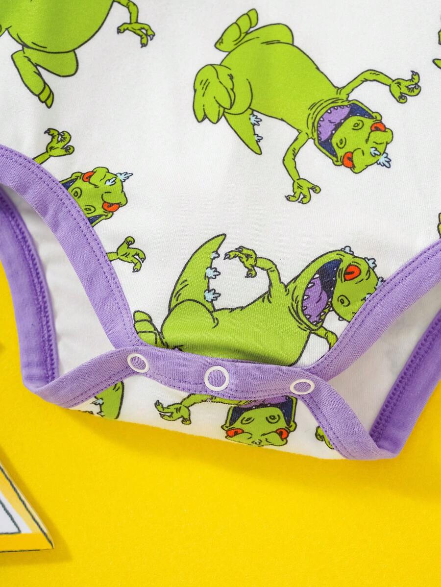 Baby Boy Cartoon Green Dinosaur Print Short Sleeve Bodysuit Casual Cute Summer Outfit