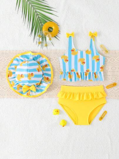 Vacation Beachwear Set For Kids Girls With Printed Bikini And Cover Skirt