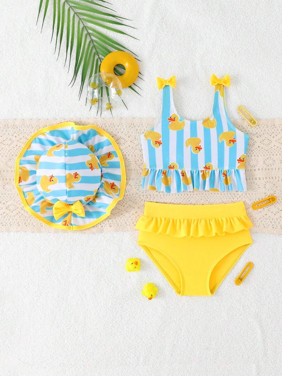 Vacation Beachwear Set For Kids Girls With Printed Bikini And Cover Skirt