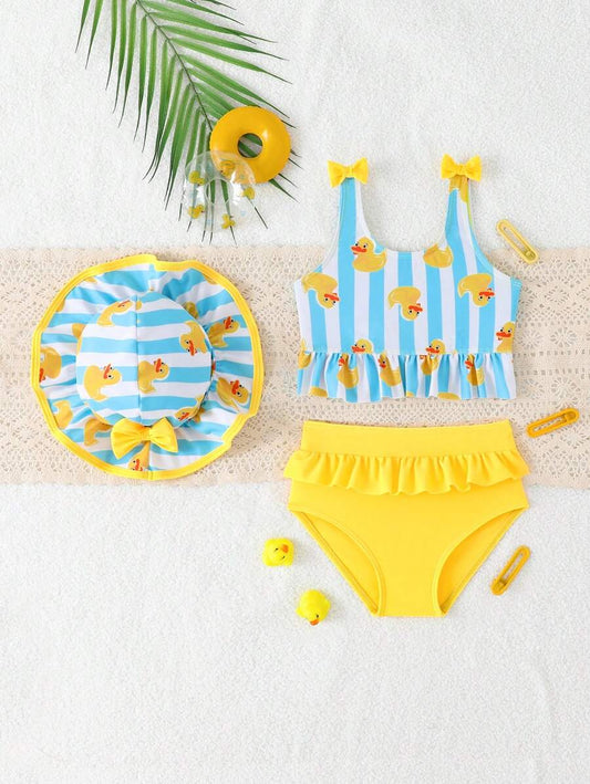 Vacation Beachwear Set For Kids Girls With Printed Bikini And Cover Skirt