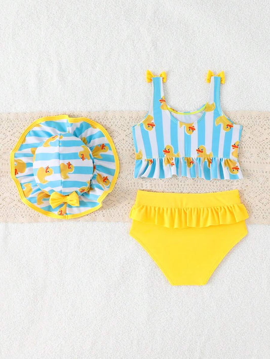 Vacation Beachwear Set For Kids Girls With Printed Bikini And Cover Skirt