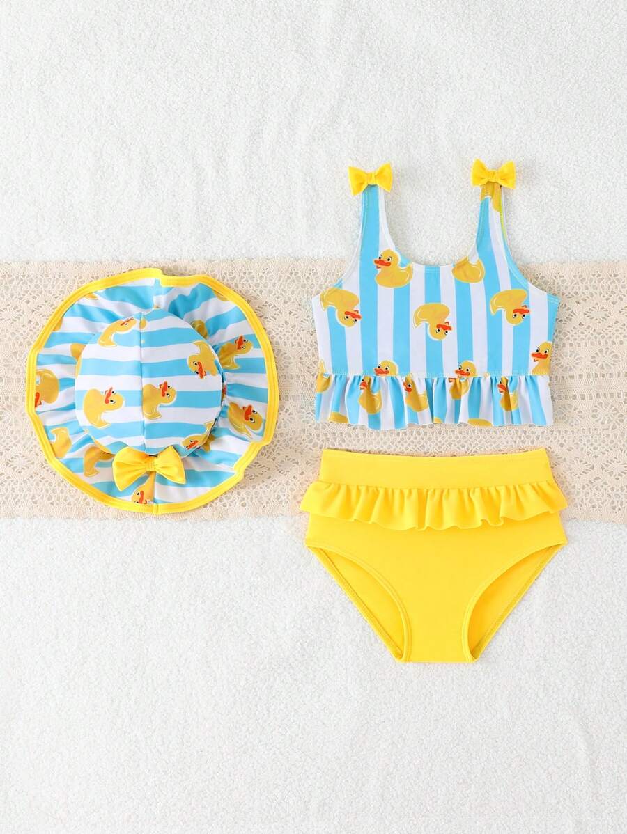 Vacation Beachwear Set For Kids Girls With Printed Bikini And Cover Skirt
