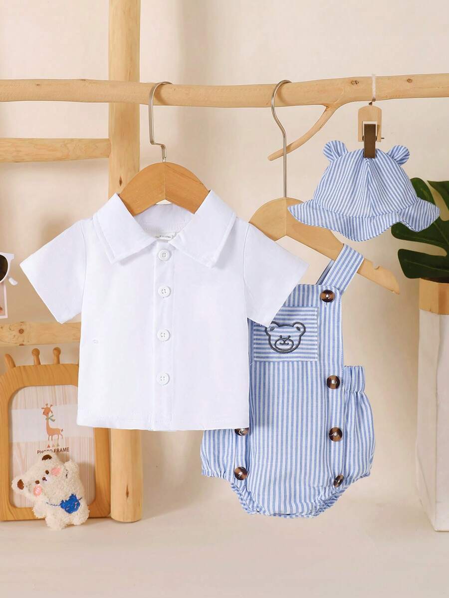 3PCS Baby Boy Bear Embroidered Overall Outfit Set for Cute Summer Daily Wear