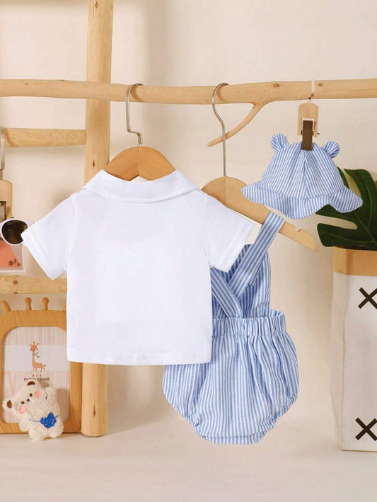 3PCS Baby Boy Bear Embroidered Overall Outfit Set for Cute Summer Daily Wear
