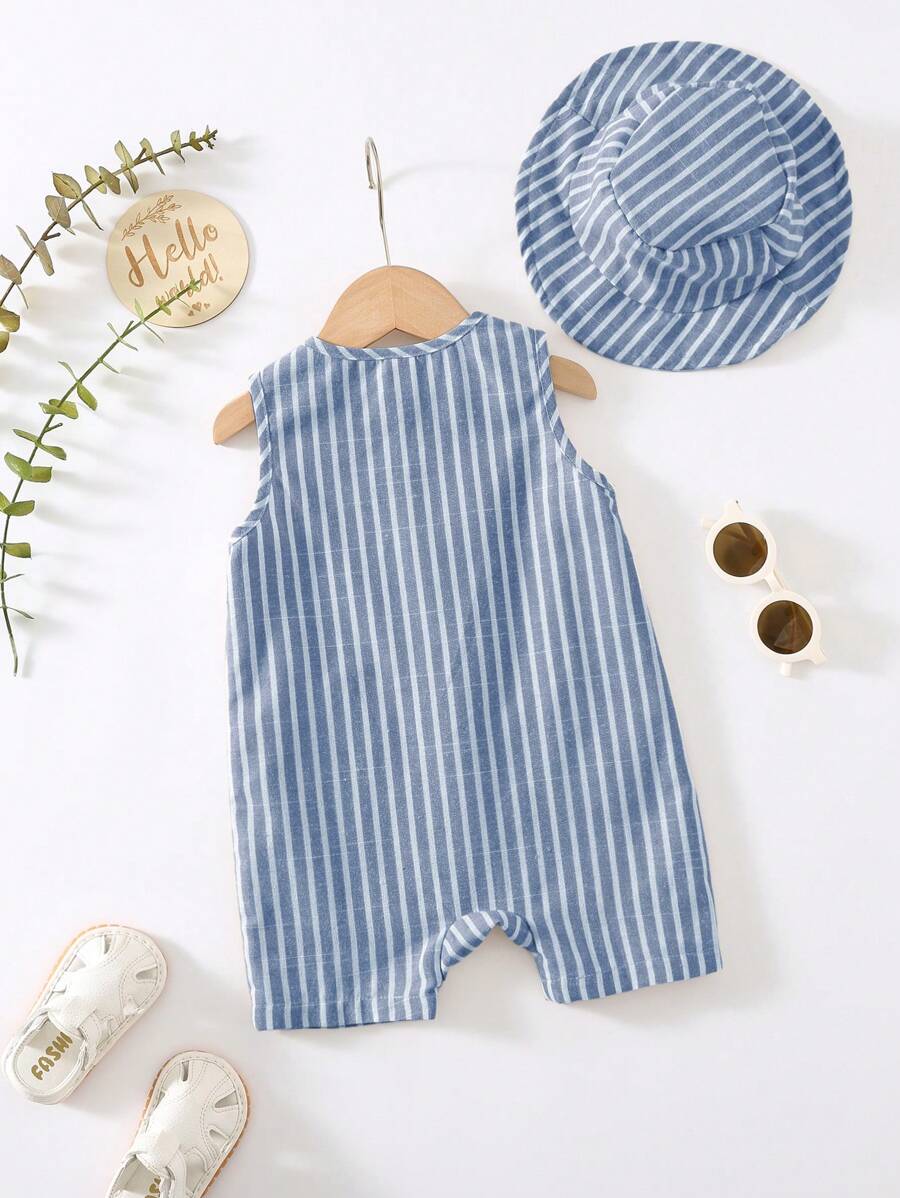 Unisex Baby Green White Striped Sleeveless Jumpsuit and Bucket Hat 2 Piece Summer Vacation Outfit Set