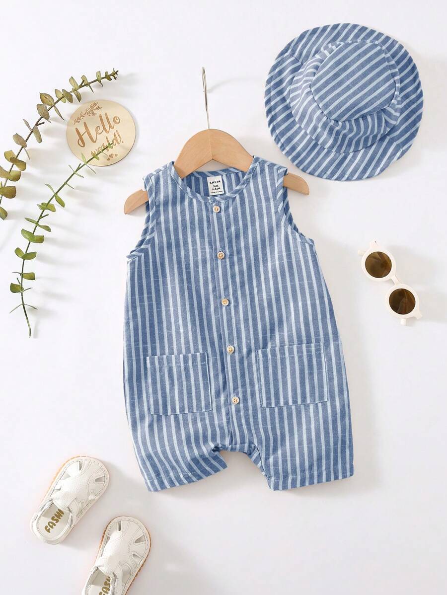 Unisex Baby Green White Striped Sleeveless Jumpsuit and Bucket Hat 2 Piece Summer Vacation Outfit Set