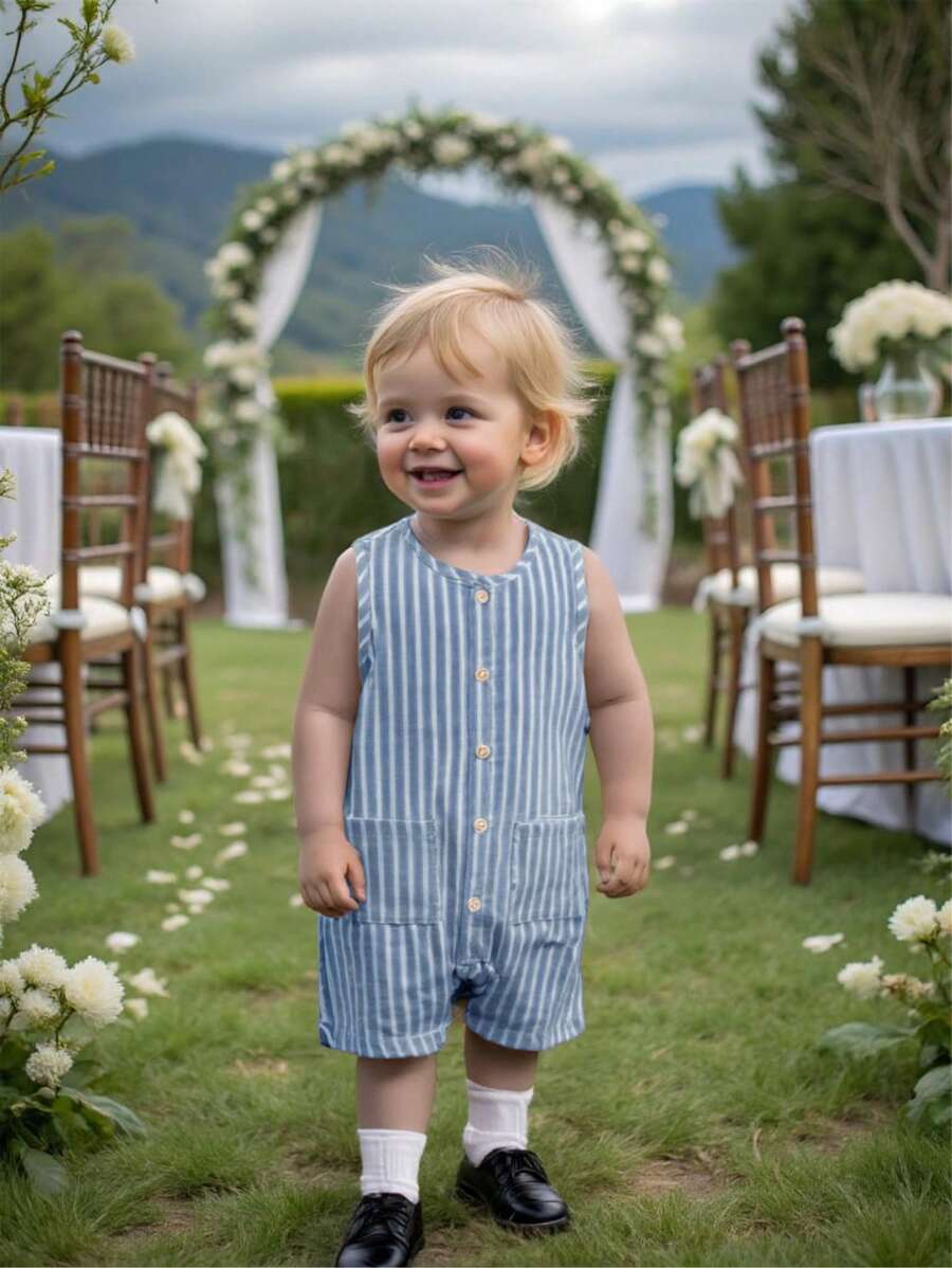 Unisex Baby Green White Striped Sleeveless Jumpsuit and Bucket Hat 2 Piece Summer Vacation Outfit Set