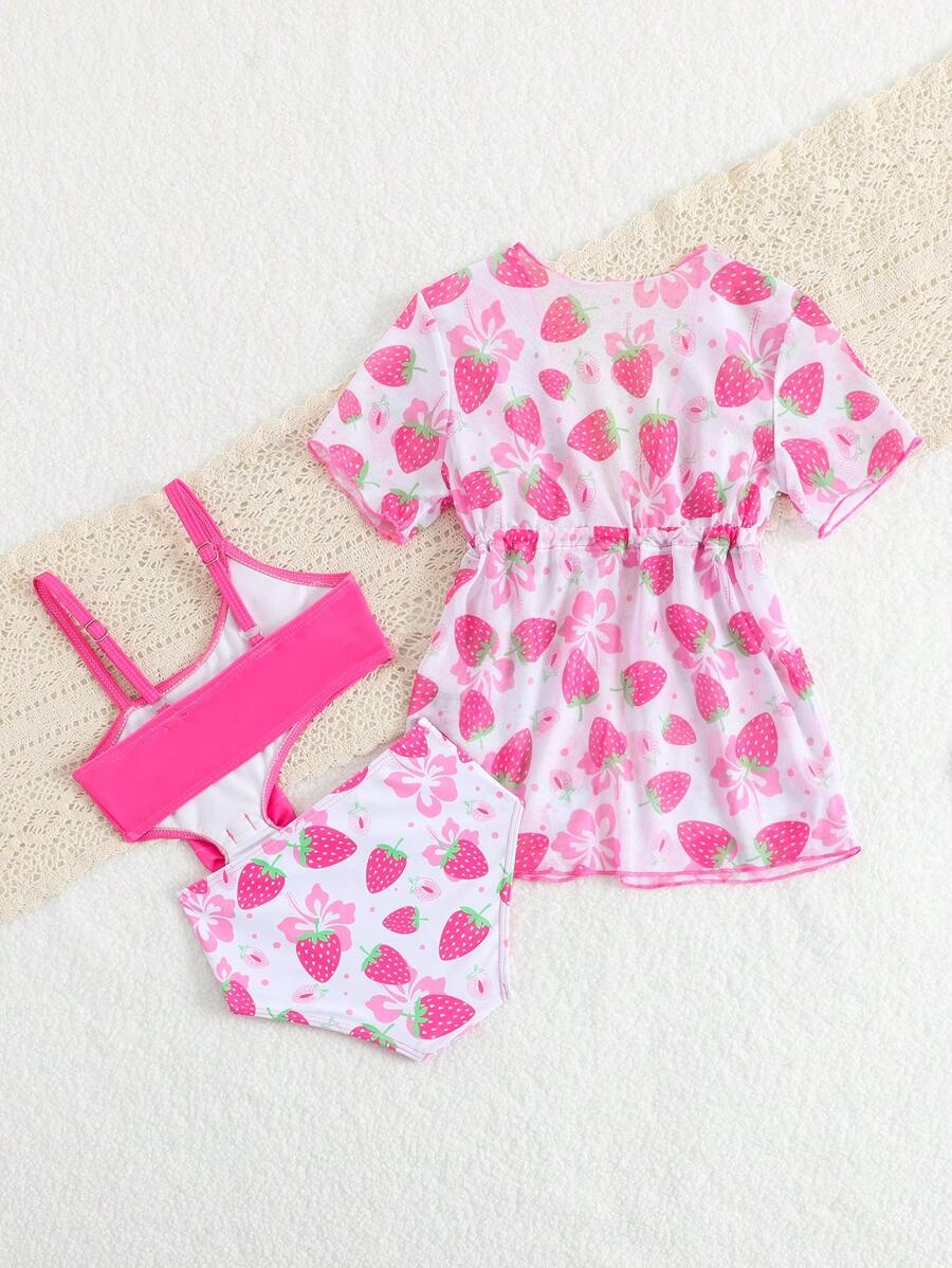 Summer Beach Outfit For Little Girls With Palm Print Swimsuit And Cover Up