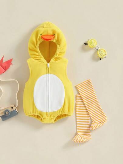 Hooded Chick Romper with Striped Socks for Cute Summer Daily Wear