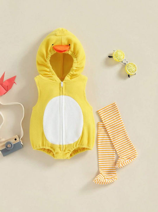 Hooded Chick Romper with Striped Socks for Cute Summer Daily Wear
