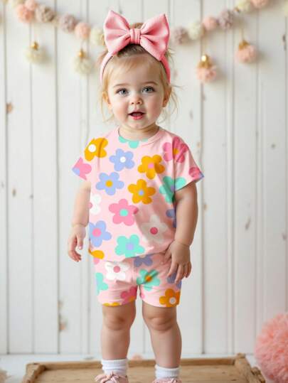 Cute Short Sleeve Clothing Set For Little Girls Flower Print Leggings Style