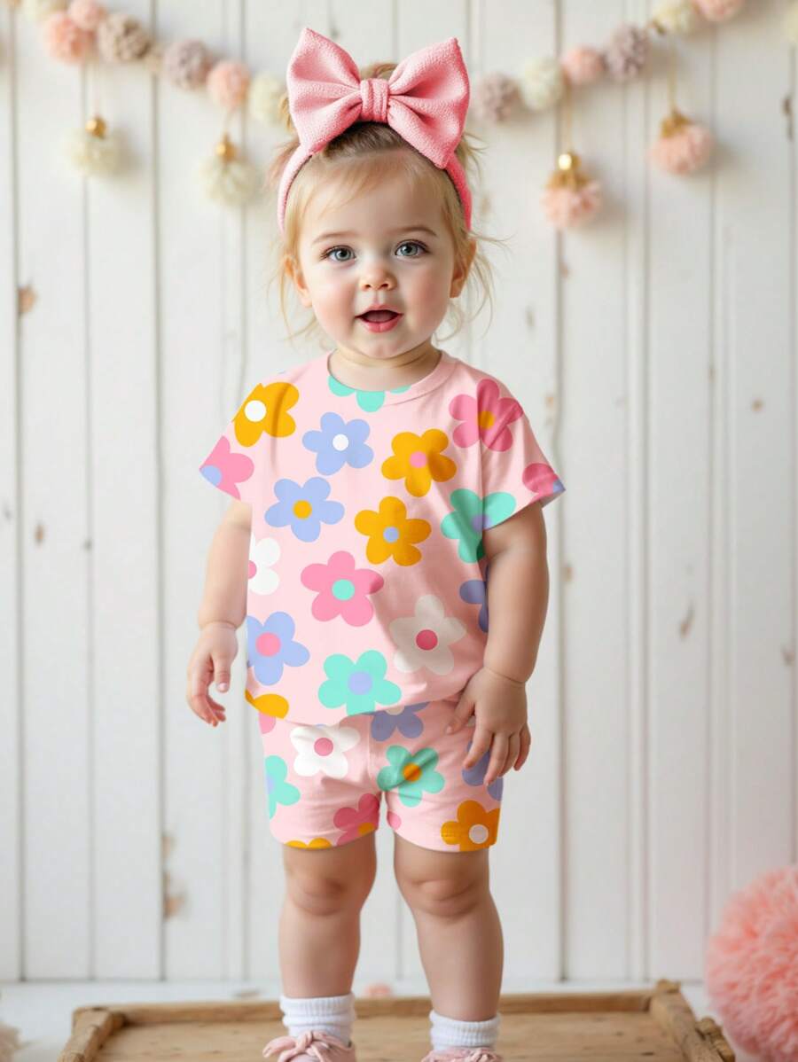 Cute Short Sleeve Clothing Set For Little Girls Flower Print Leggings Style