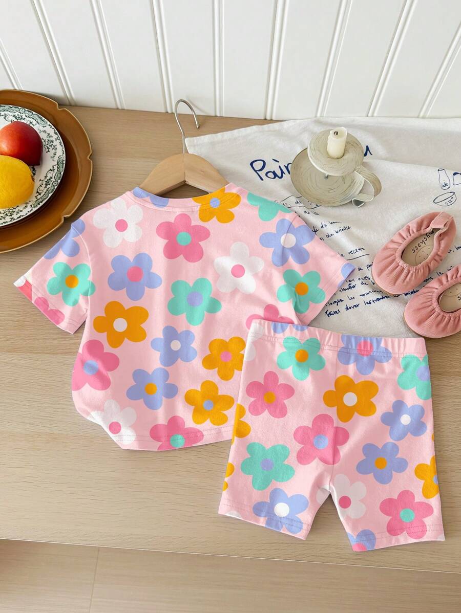 Cute Short Sleeve Clothing Set For Little Girls Flower Print Leggings Style