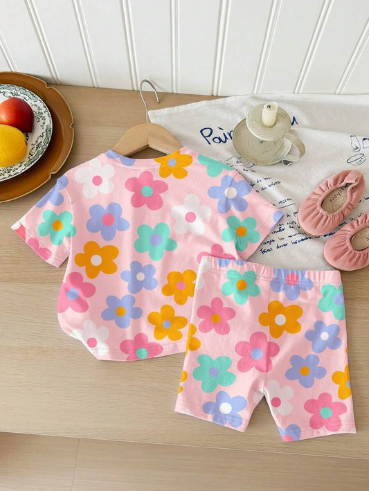 Cute Short Sleeve Clothing Set For Little Girls Flower Print Leggings Style